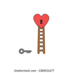 Vector icon concept of grey love key reach keyhole in red heart with wooden ladder. Black outlines and colored.