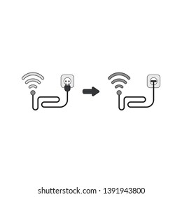 Vector icon concept of grey wireless wifi symbol with cable and plugged into outlet and signal increased. 