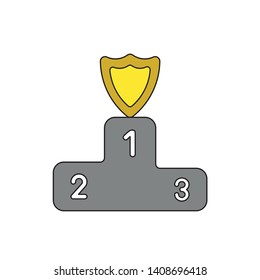 Vector icon concept of guard shield on firstplace of winners podium. Black outlines and colored.