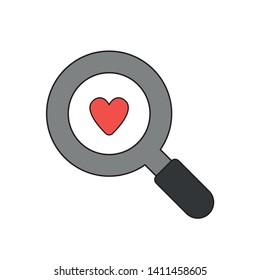 Vector icon concept of heart inside magnifying glass. Black outlines and colored.