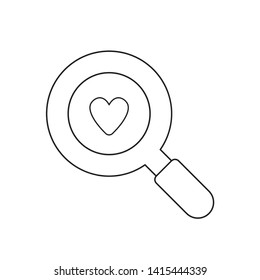 Vector icon concept of heart in magnifying glass. Black outlines, white background.