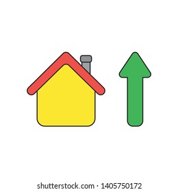 Vector icon concept of house with arrow moving up. Black outlines and colored.