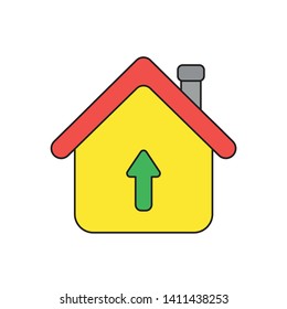 Vector icon concept of house with arrow moving up. Black outlines and colored.