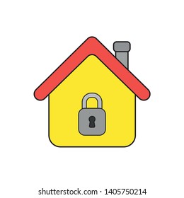 Vector icon concept of house with closed padlock. Black outlines and colored.
