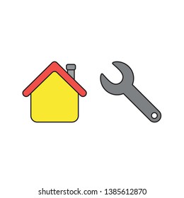 Vector icon concept of house with grey spanner. Black outlines and colored.