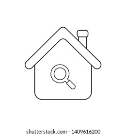Vector icon concept of house and magnifying glass. Black outlines.