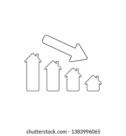Vector icon concept of house sales or value bar chart with arrow moving down. Black outlines.