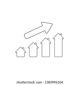 Vector icon concept of house sales or value bar chart with arrow moving up. Black outlines.
