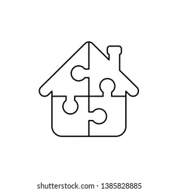 Vector Icon Concept Of House Shape Four Puzzle Pieces Connected. Black Outlines.