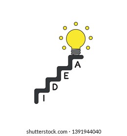 Vector icon concept of idea word written in stairs and yellow glowing light bulb at the top of stairs. 