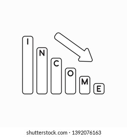 Vector icon concept of income sales bar chart graph moving down. Black outlines.