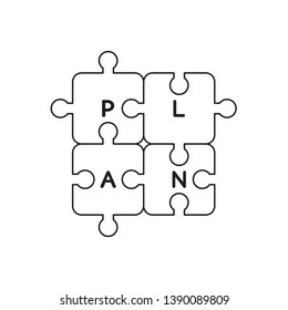 Vector icon concept of jigsaw puzzle pieces with plan word connected to each other. Black outlines.