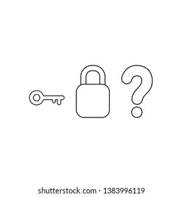 Vector icon concept of key with closed padlock without keyhole and question mark. Black outlines.