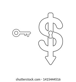 Vector icon concept of key and dollar symbol with keyhole down. Black outlines, white background.