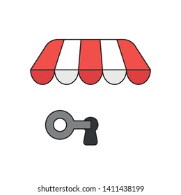 Vector icon concept of key into keyhole under shop store awning. Black outlines and colored.