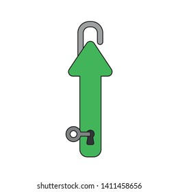 Vector icon concept of key into keyhole and arrow padlock opened and moving up. Black outlines and colored.