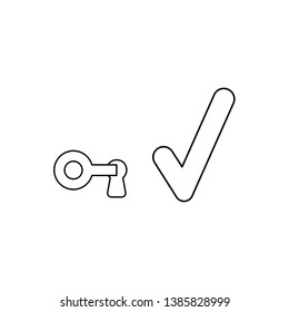 Vector icon concept of key in keyhole with check mark. Black outlines.