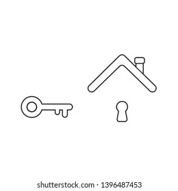 Vector icon concept of key and keyhole under roof. Black outlines.