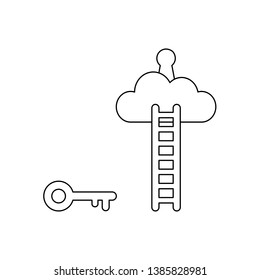Vector icon concept of key reach keyhole on cloud with wooden ladder. Black outlines.
