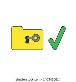 Vector icon concept of key unlock file folder with check mark. Black outlines and colored.
