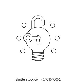 Vector icon concept of key unlock light bulb padlock and glowing. Black outlines.