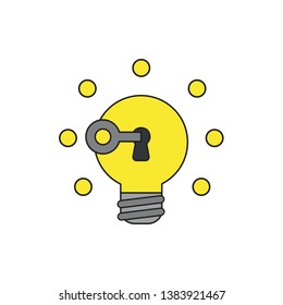 Vector icon concept of key unlocking yellow light bulb idea glowing. Black outlines and colored.