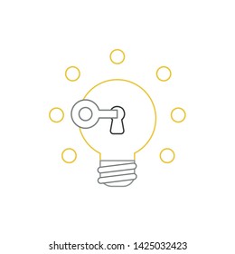 Vector icon concept of key unlocking light bulb idea glowing. White background and colored outlines.