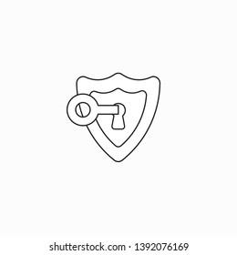 Vector icon concept of keyhole inside shield and key unlock or lock. Black outlines.