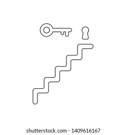 Vector icon concept of keyhole, key at top of stairs. Black outlines.