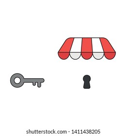 Vector icon concept of keyhole and key under shop store awning. Black outlines and colored.