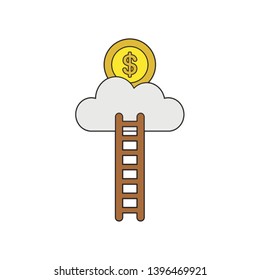 Vector icon concept of ladder reach dollar money coin on cloud. Black outlines and colored.