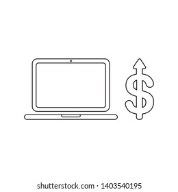 Vector icon concept of laptop computer with dollar arrow moving up. Black outlines.