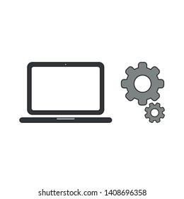 Vector icon concept of laptop computer with gears. Black outlines and colored.
