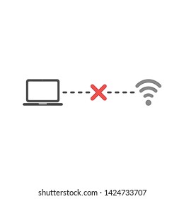 Vector icon concept of laptop connection failure with x mark to wifi wireless network. Colored outlines.