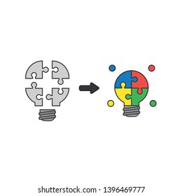Vector icon concept of light bulb jigsaw puzzle pieces connected and glowing. Black outlines and colored.