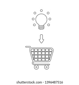Vector icon concept of light bulb into shopping cart. Black outlines.
