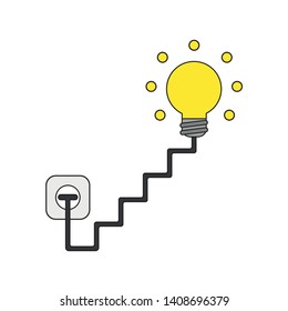 Vector icon concept of light bulb with stairs cable and plug plugged into outlet and glowing. Black outlines and colored.