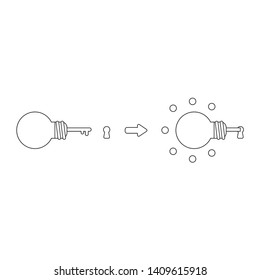 Vector icon concept of light bulb key into keyhole and glowing. Black outlines.