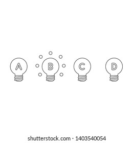 Vector icon concept of light bulbs and one of them glowing. Black outlines.