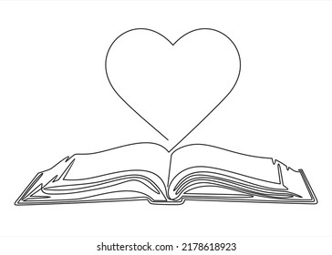 vector icon concept. I like reading. Open book pages as heart. continuous line drawing