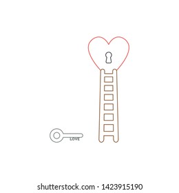 Vector icon concept of love key reach keyhole in heart with wooden ladder. White background and colored outlines.