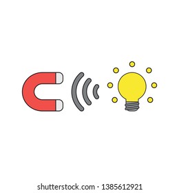 Vector icon concept of magnet attracting glowing yellow light bulb idea. Black outlines and colored.