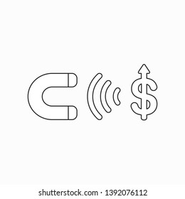 Vector icon concept of magnet icon attracting dollar symbol. Black outlines.