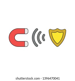 Vector icon concept of magnet attracting guard shield. Black outlines and colored.