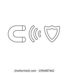 Vector icon concept of magnet attracting shield. Black outlines.
