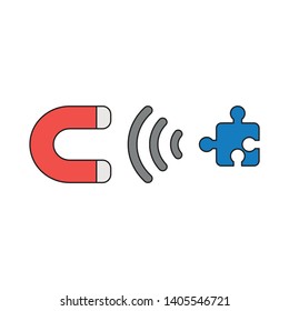 Vector icon concept of magnet attracting missing puzzle piece. Black outlines and colored.
