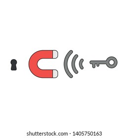Vector icon concept of magnet attracting key to keyhole. Black outlines and colored.