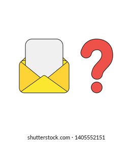 Vector icon concept of mail envelope and blank paper with question mark. Black outlines and colored.