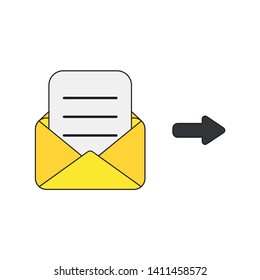 Vector icon concept of mail envelope with written paper. Black outlines and colored.