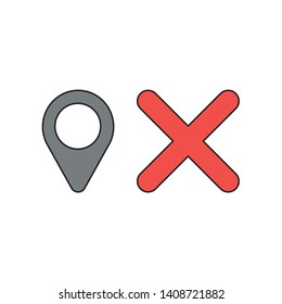 Vector icon concept of map pointer with x mark. Black outlines and colored.